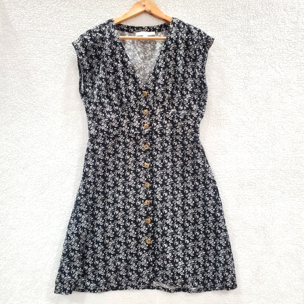 Loft Women's Size 6 Black Sleeveless Button Up Flower Dress